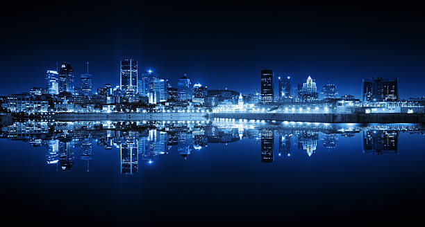 Montreal Cityscape Reflection at Night  buzbuzzer montreal city stock pictures, royalty-free photos & images