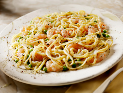Linguine with Shrimp and Peas in a Creamy Garlic Sauce -Photographed on Hasselblad H3D-39mb Camera