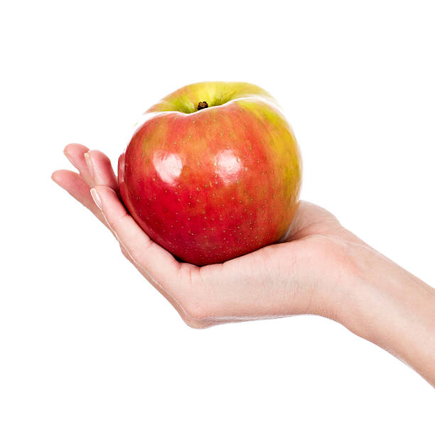 istock Red juicy apple in female hand 183428805