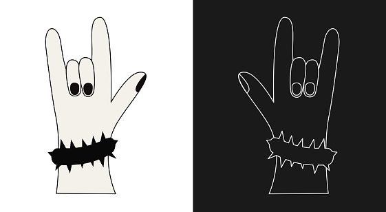 Rock on hand gesture. Cartoon style. Outline vector illustration Isolated
