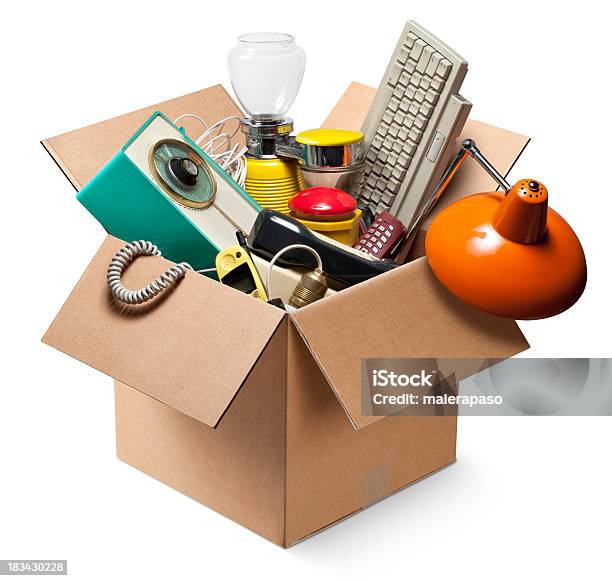 Cardboard Box With Old Electrical Appliances Stock Photo - Download Image Now - Garage Sale, Box - Container, Manufactured Object