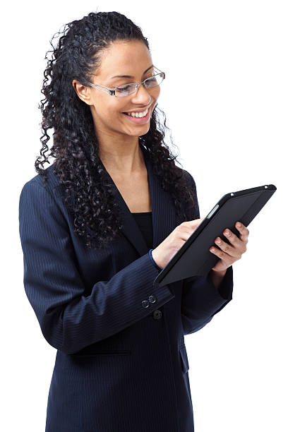istock Young Black Business Woman Using Tablet Computer on White Background 183430313