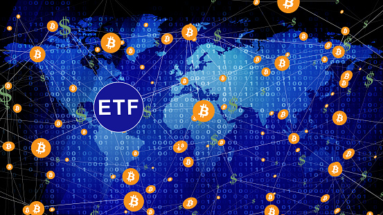 Bitcoin etf investment fund analyzing digital money contracts for long term dollar income growth through decentralized trading and low risk futures hold