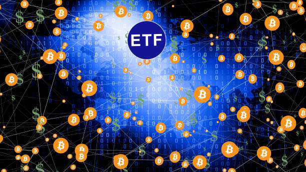istock Etf bitcoin investment fund connected lines cryptocurrency dollar map binary in financial technology spot market for long term money growth and high returns 1834307910