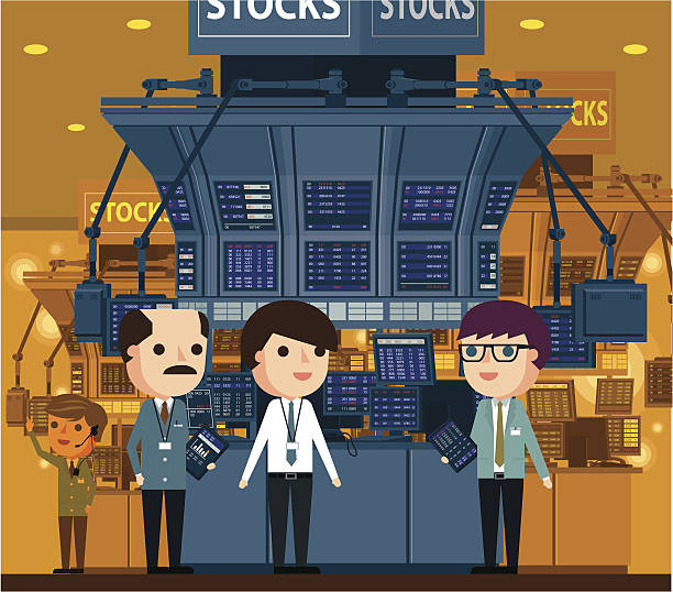 주식 시장 및 traders - stock exchange stock market wall street stock certificate stock illustrations