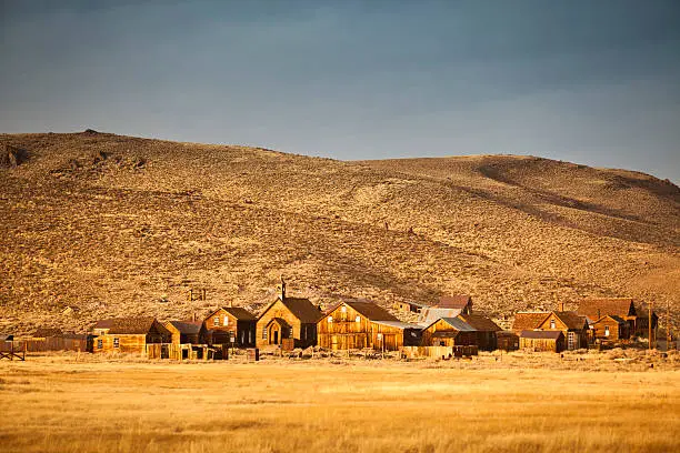 "View of ghost town Bodie surrounded by the Bodie Hills, east of the Sierra Nevada mountains"