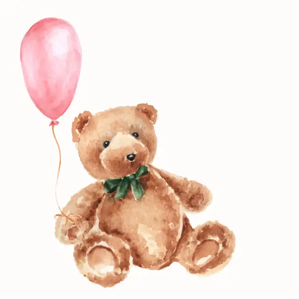 Vector illustration of Watercolor Teddy Bear with pink Balloon