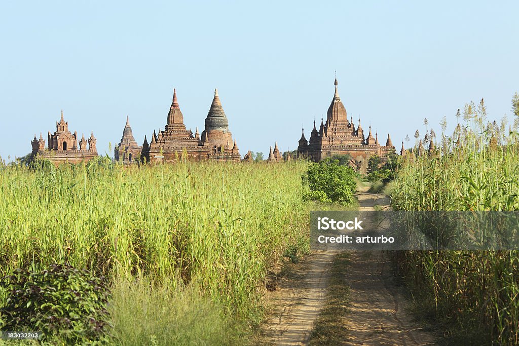 dirt road e templos de Bagan à tarde - Foto de stock de Antigo royalty-free