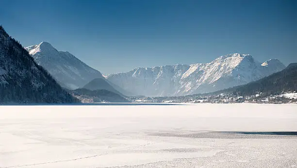 Photo of Frozen Lake Grundlsee with Mountains Zinken & Sarstein Panorama (XXXL)