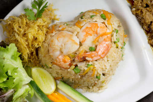 Fried rice with Chili shrimps Thai food heart form