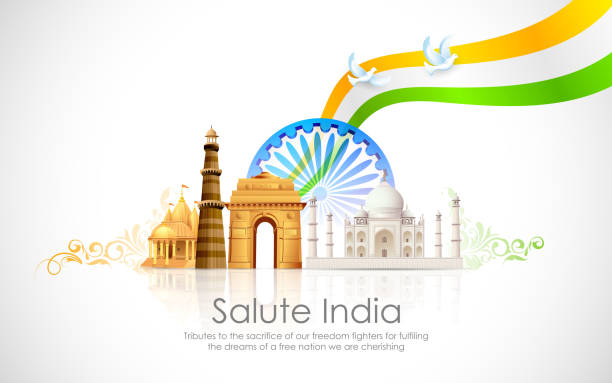 India Background illustration of wavy Indian flag with monument republic day stock illustrations