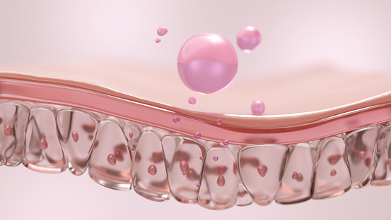 Molecules of collagen serum and cream applied to skin and absorbed. 3D rendering.