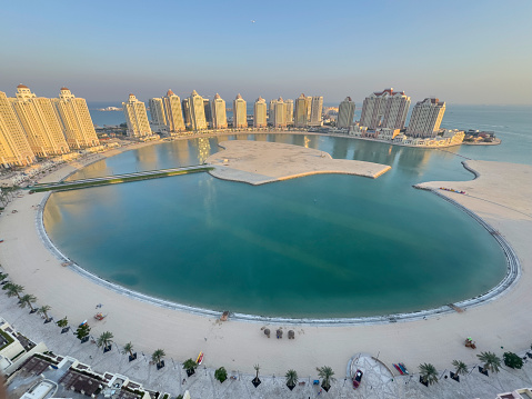 Viva Bahria, Pearl Qatar - December 04, 2023: Viva Bahria Residential buildings in the Pearl Qatar, an artificial island in Doha
