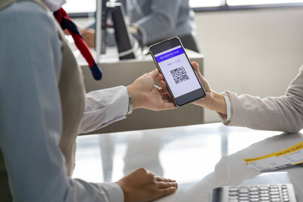 istock Passenger is showing online check in qr code boarding pass to the airline ground crew at departure gate counter into the airplane for final inspection before boarding into the  plane 1834365710