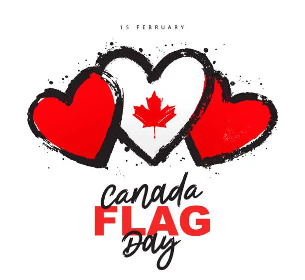 Vector illustration of Canadian flag in the shape of three hearts. February, 15. Beautiful lettering is Canada's Flag Day. red maple leaf.