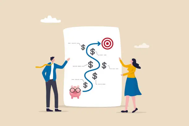 Vector illustration of Financial planning, investment growth strategy or money management for retirement goal, budget or expense analysis to reach financial goal, people planning with piggy bank strategy to reach target.