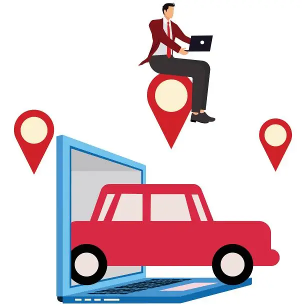 Vector illustration of Renting Car Using Mobile App on Laptop
