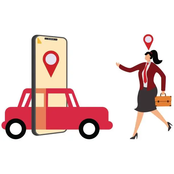 Vector illustration of Renting Car Using Mobile App Businesswoman