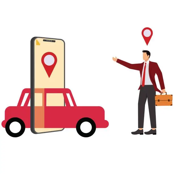 Vector illustration of Renting Car Using Mobile App Businessman