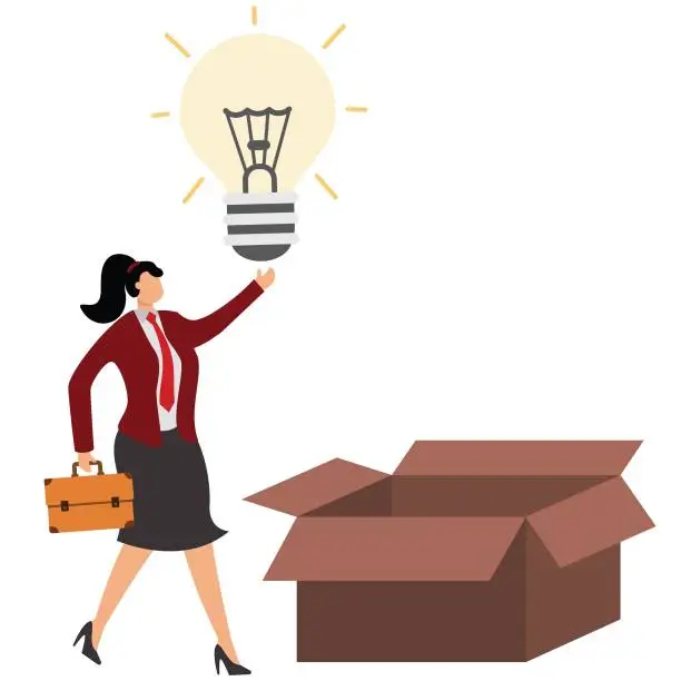 Vector illustration of Think outside the box Businesswoman, Innovation, Inside Of, Inspiration, Intelligence, Isometric Projection