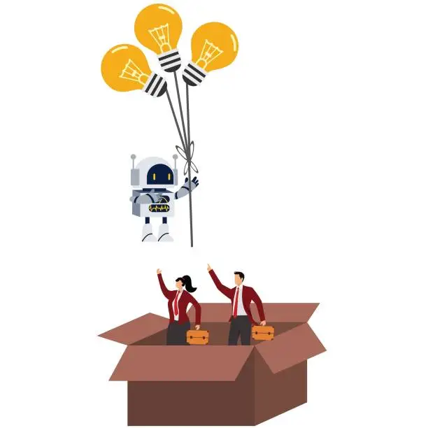 Vector illustration of Think outside the box Robot, Cyborg, Data, Development, Direction, Electric Lamp, Employment And Labor, Evolution, Flying