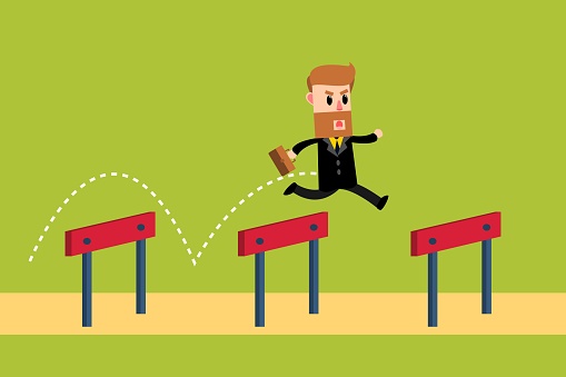 Businessman jump over hurdles. Overcoming obstacles. Business Concept. Vector illustration