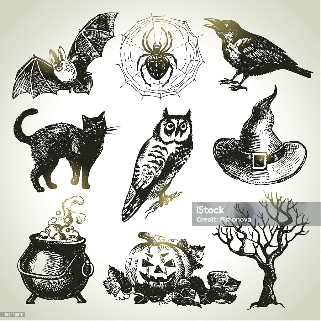 Sets of drawings one would associate with Halloween Hand drawn Halloween set  Halloween stock vector