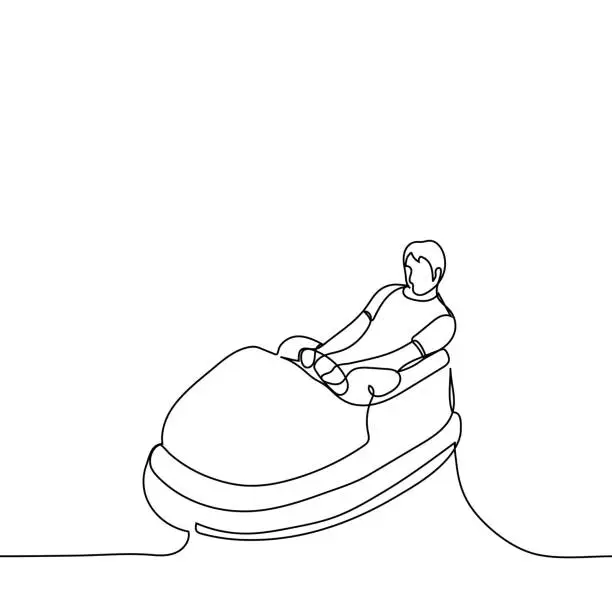 Vector illustration of man sits bumper car - one line drawing. the young man is having fun at the circuit