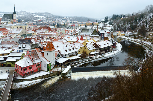 Beautiful top view of historic center of Cesky Krumlov, Vltava river, winter landscape, Czech Republic
