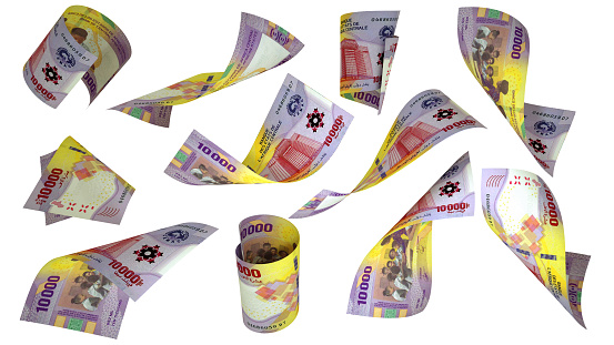 3D rendering of 2020 Central African CFA franc notes flying in different angles and orientations isolated on white background