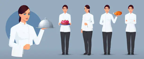 Vector illustration of Female Cook Character Set in Various Poses and Gestures, Chef Logo, Chef Standing Carrying Cake, Pizza, Serving Plate, Arms Folded Vector File