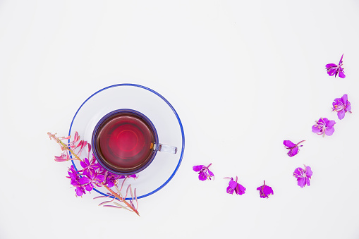 Tea drink in a glass cup. Ivan-tea flowers on a white background. Drink from Ivan tea. Summer tea. healing herbs.