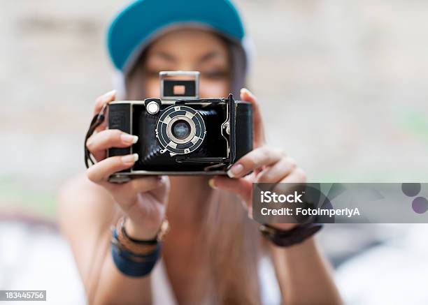 Young Beautiful Woman With Retro Camera Hipster Style Outdoor Shot Stock Photo - Download Image Now