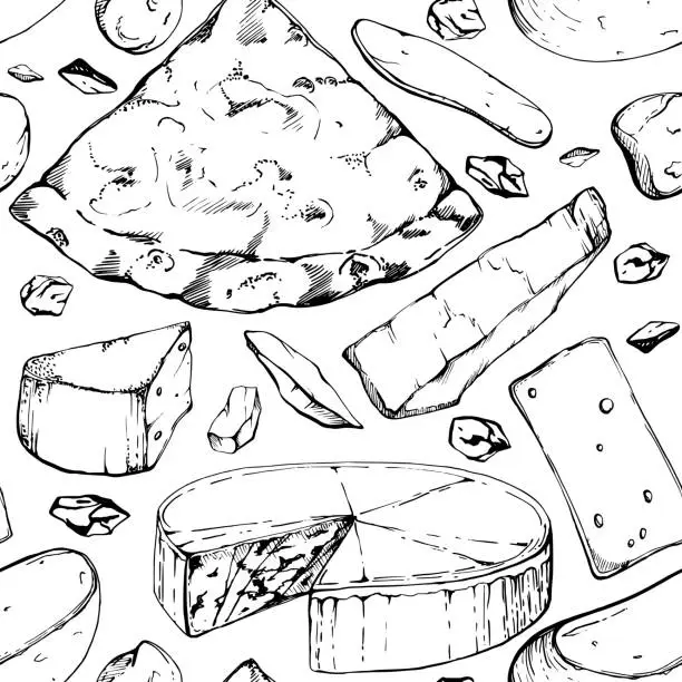 Vector illustration of Hand drawn vector ink illustration. Quattro formaggi four cheeses pizza slice, Italian cuisine. Seamless pattern isolated on white. Design for restaurant menu, cafe, food shop or package, flyer print.