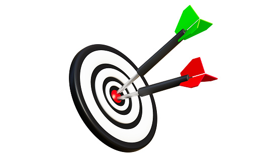 3D rendering of 2 darts on dartboard target, Success goals concept