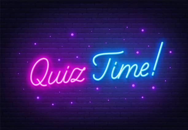 Quiz Time neon lettering on brick wall background.