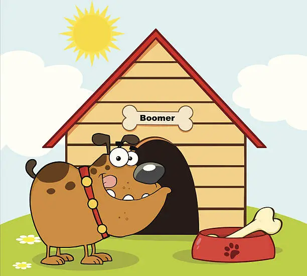 Vector illustration of Bulldog With Bowl In Front Of His Dog House