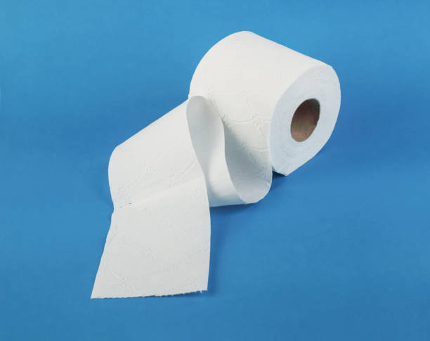 White toilet paper rolls on the blue background. Hygiene concept stock photo