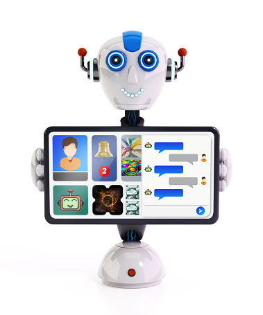 Cartoon robot computer with a fictitious AI chat user interface screen. AI chatbot concept.