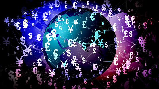 Currency symbol for yuan, yen, pound, dollar, and euro on depy globe and map showcasing world finance, official currencies, and international trade in digital media broadcast graphics