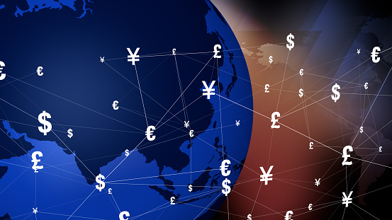 Pound sterling world map of currency symbols financial news infographic on economic trade of yen, yuan, dollar, euro, and pound