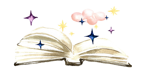 Family reading before bed.Illustration of an open book with a brown binding and fantasy stars and a pink cloud.Watercolor hand-drawn illustration
