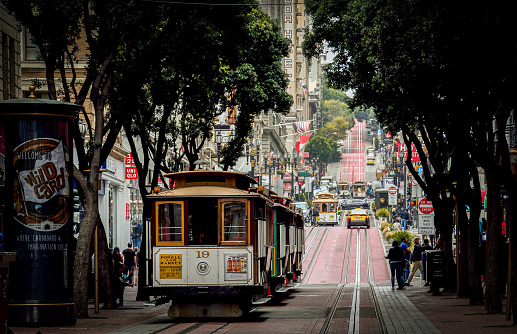 The historic Powell-Hyde Cable Car on Powell Street, San Francisco. San Francisco cable car system is the world's last manually operated cable car system and an icon of the city of San Francisco.