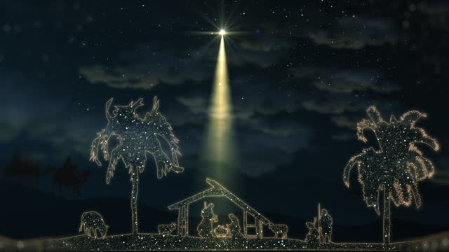 Bright Christmas Scene with twinkling stars and brighter star of Bethlehem
