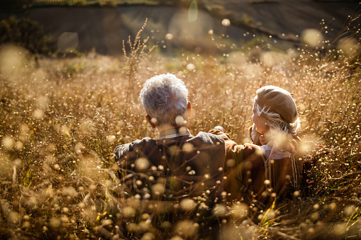 Rear view of senior couple relaxing in tall grass during autumn day. Copy space.