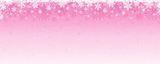 Vector illustration of Pink Christmas banner with snowflakes and stars. Merry Christmas and Happy New Year greeting banner. Horizontal new year background, headers, posters, cards, website. Vector illustration