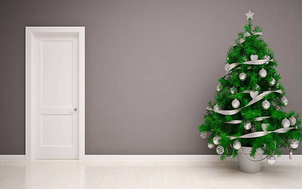 istock Christmas tree decorated on silver ribbons and baubles 183455184
