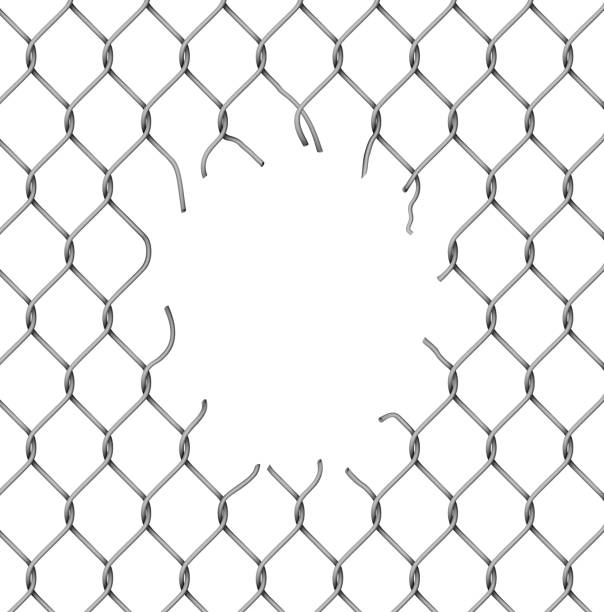 Torn metal mesh Torn fence chain isolated on white. damaged fence stock illustrations