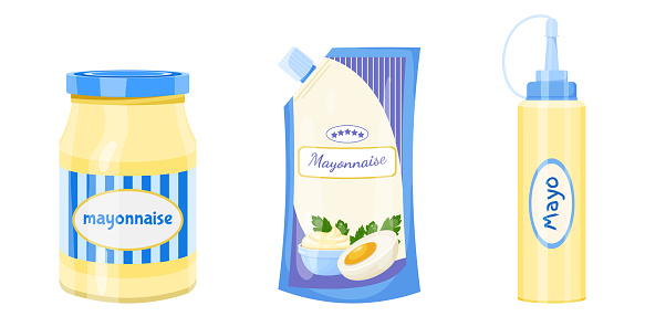 Cartoon set of bottle, jar and bag with mayonnaise. Bottle with cheese sauce. Plastic pack. Vector jar isolated on a white background for games, banner and menu fast food restaurants.