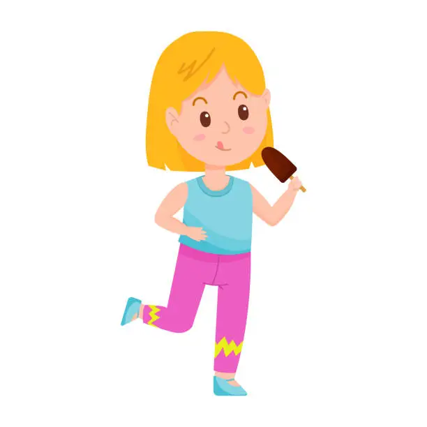 Vector illustration of Cute cheerful baby girl with chocolate ice cream